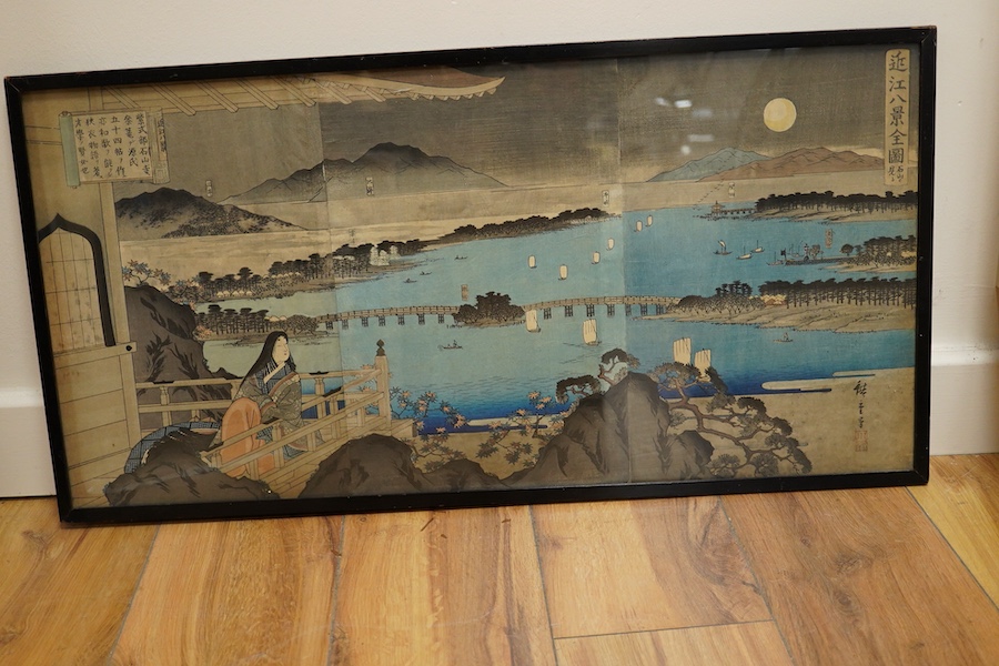 Two Japanese woodblock prints, to include; After Utagawa Hiroshige (1797-1858), colour woodblock print triptych, The Complete 8 Views of Omi, largest 35 x 72cm. Condition - fair to good